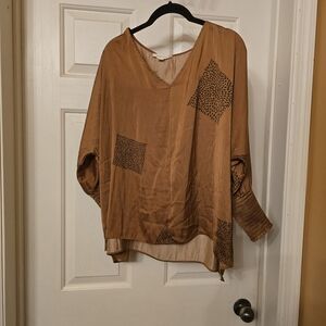 Elegant Tan Women's Blouse with Patterned Accents